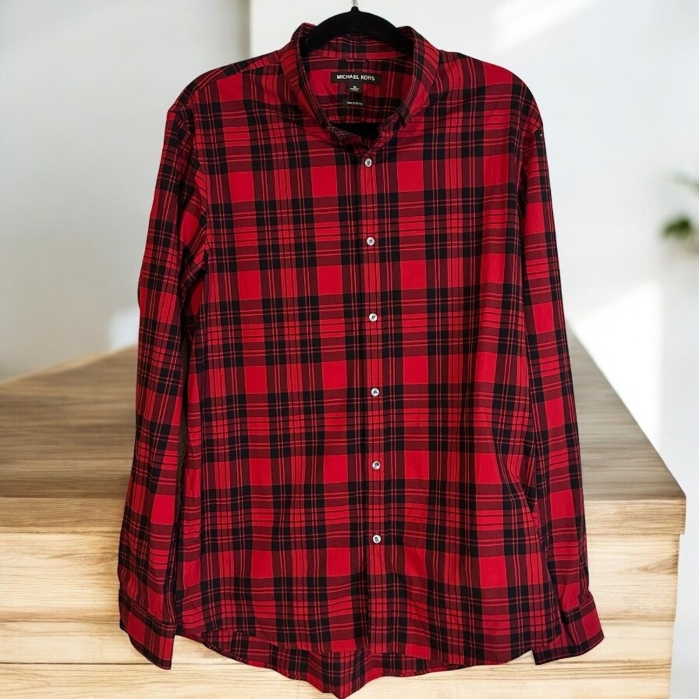 MICHAEL KORS Men's‎ Red Black Plaid Trim Fit Long Sleeve Button Down Shirt XL
